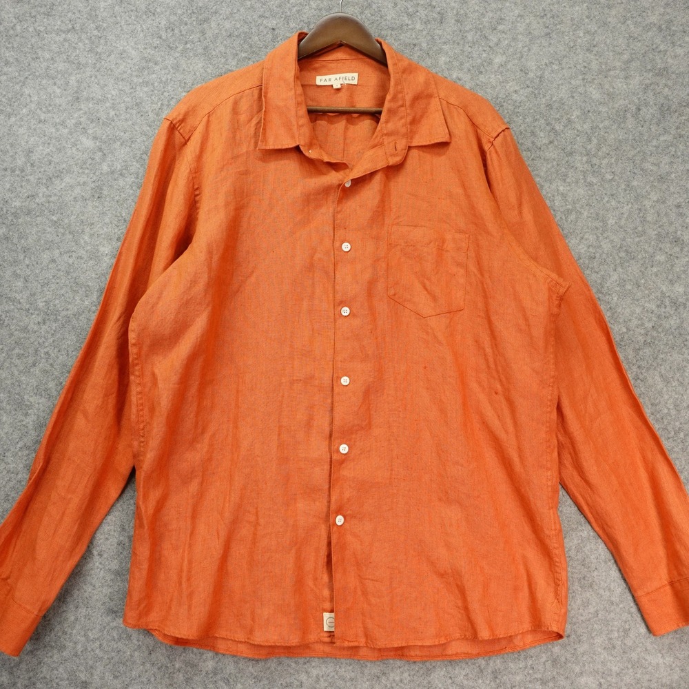 Far Afield Linen Shirt Mens 4 XL Burnt Orange Flax Button Up Fall Rustic Summer